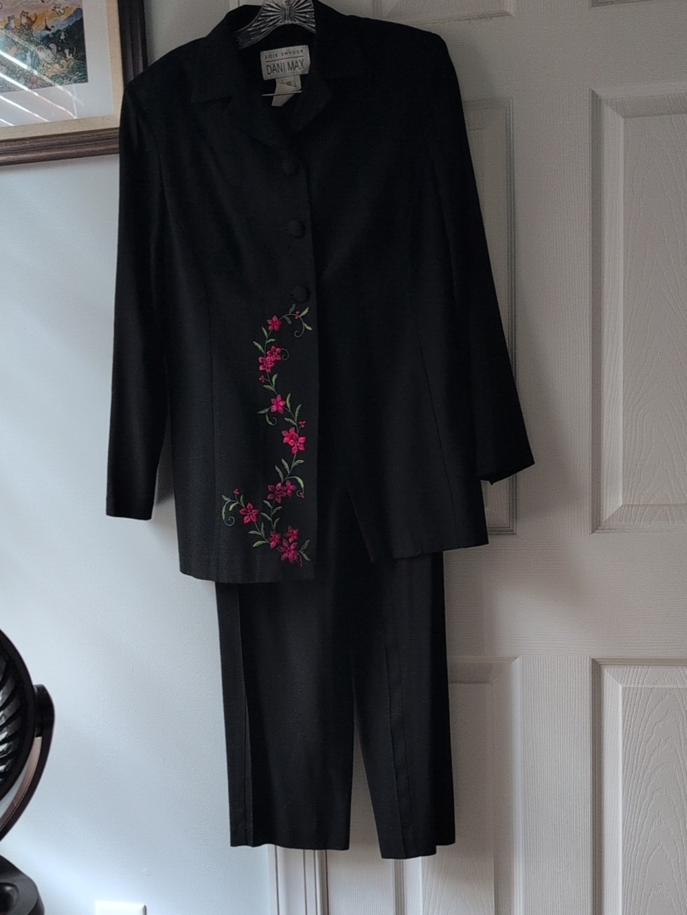 Black Women's Pant Suit with Red Floral Embroidery